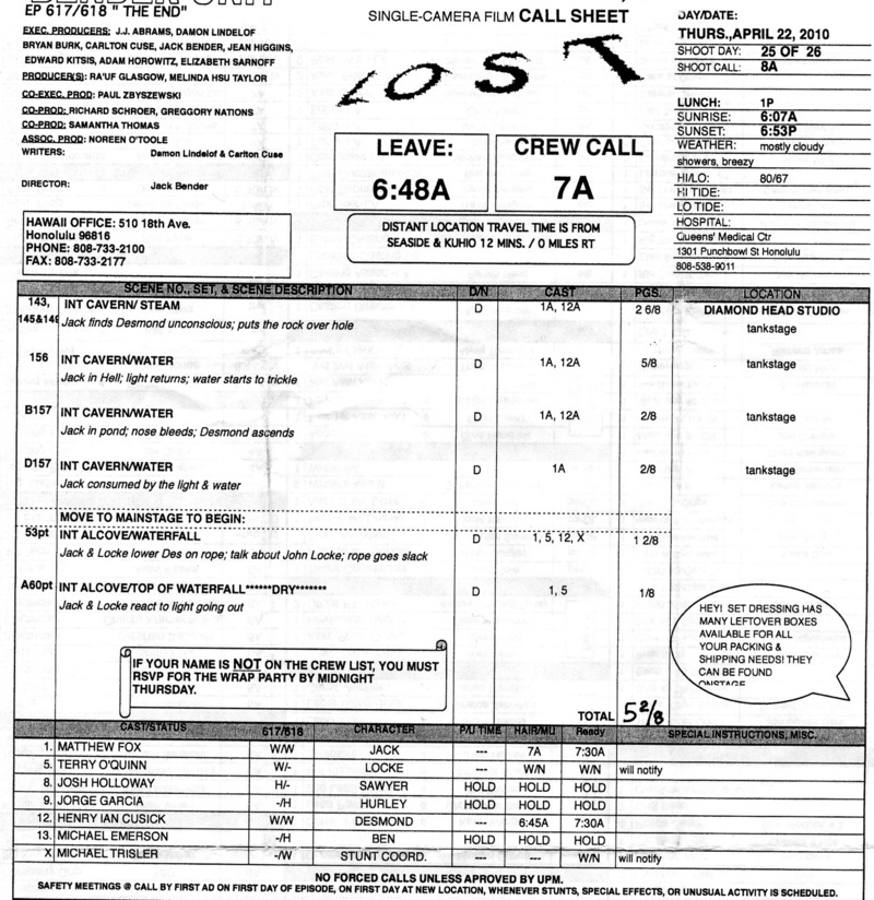 Illustration for article titled What Does This (Possibly Fake) Call Sheet Tell Us About The Lost Series Finale?